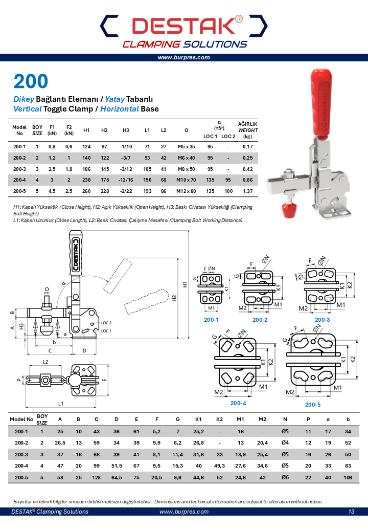 Clamp-Dikey Hızlı Bağlantı Elemanı-Klemp-Kenet-Seraç-Destak-200 Serisi-Yatay Tabanlı