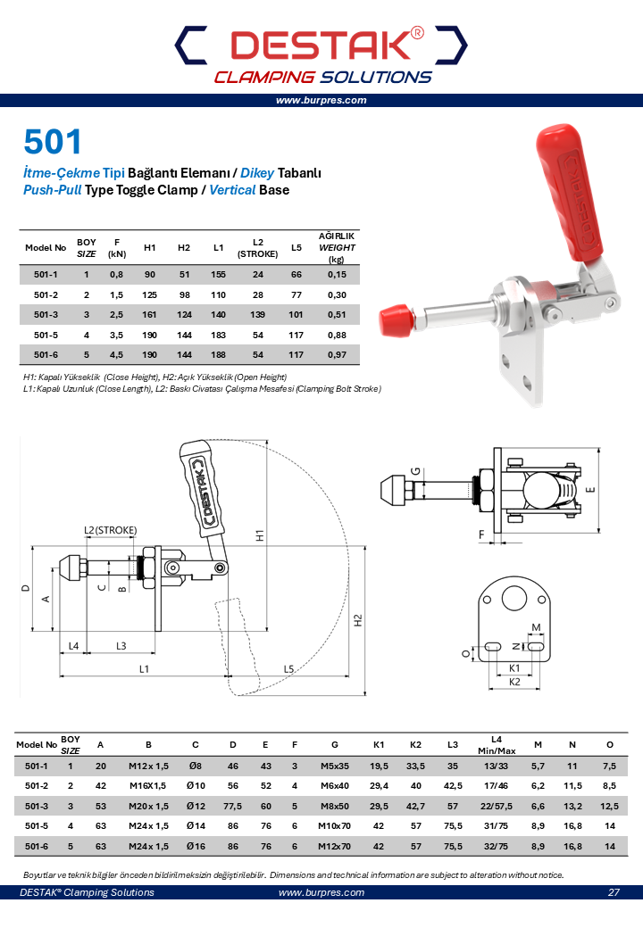 Clamp-İtme-Çekme Tipi Hızlı Bağlantı Elemanı-Klemp-Kenet-Seraç-Destak-501 Serisi-Dikey Tabanlı
