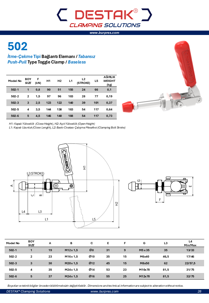 Clamp-İtme-Çekme Tipi Hızlı Bağlantı Elemanı-Klemp-Kenet-Seraç-Destak-502 Serisi-Tabansız